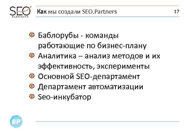 Как мы создали SEO. Partners Баблорубы - команды работающие по бизнес-плану Аналитика – анализ