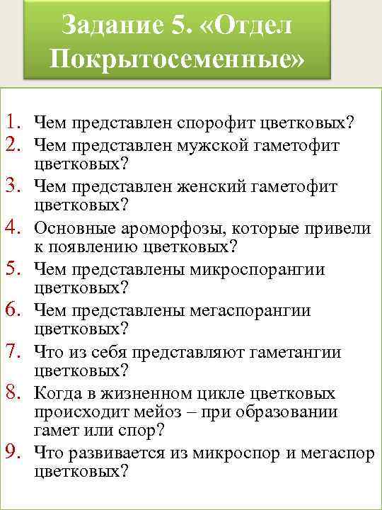 Задание 5. «Отдел Покрытосеменные» 1. Чем представлен спорофит цветковых? 2. Чем представлен мужской гаметофит