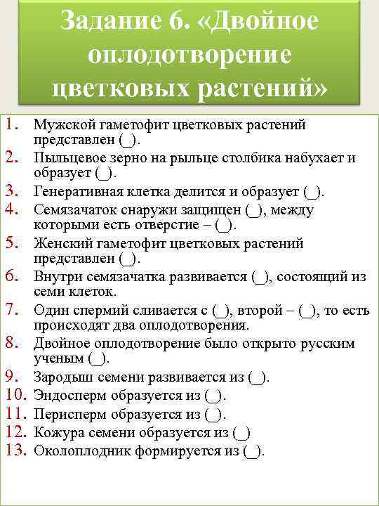 Задание 6. «Двойное оплодотворение цветковых растений» 1. Мужской гаметофит цветковых растений 2. 3. 4.