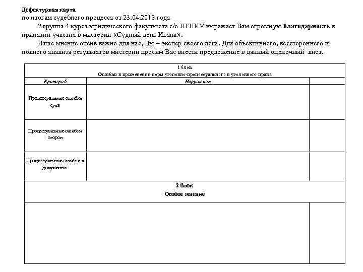 Дефектурная карта по итогам судебного процесса от 23. 04. 2012 года 2 группа 4