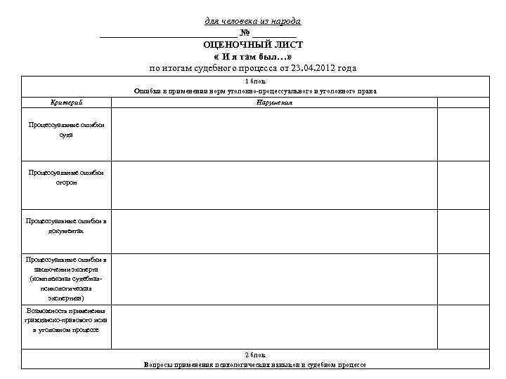 для человека из народа ______________ № _____ ОЦЕНОЧНЫЙ ЛИСТ « И я там был…»
