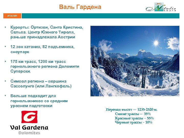 Валь Гардена ИТАЛИЯ • Курорты: Ортизеи, Санта Кристина, Сельва. Центр Южного Тироля, раньше принадлежала
