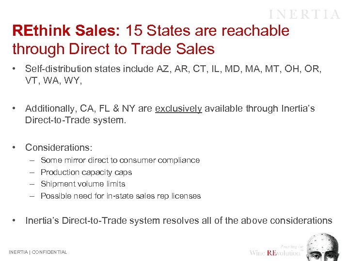 REthink Sales: 15 States are reachable through Direct to Trade Sales • Self-distribution states