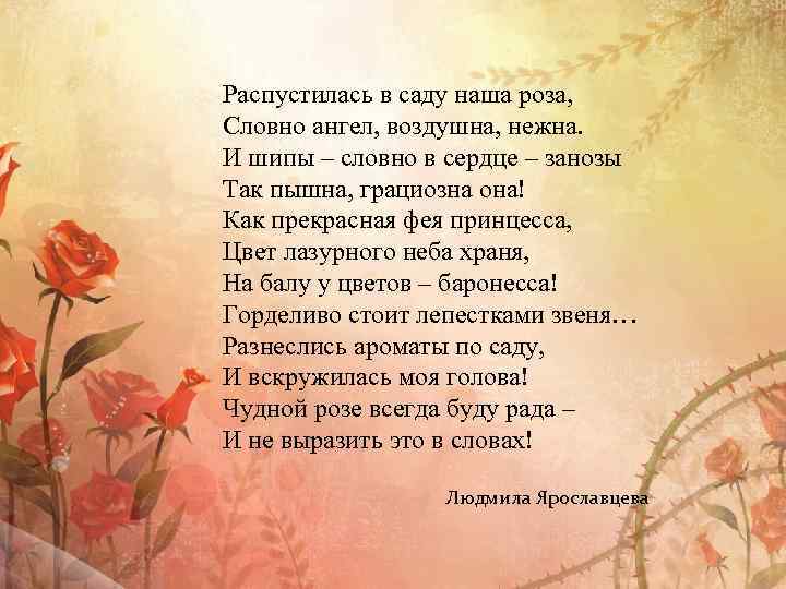 Распустилась в саду наша роза, Словно ангел, воздушна, нежна. И шипы – словно в