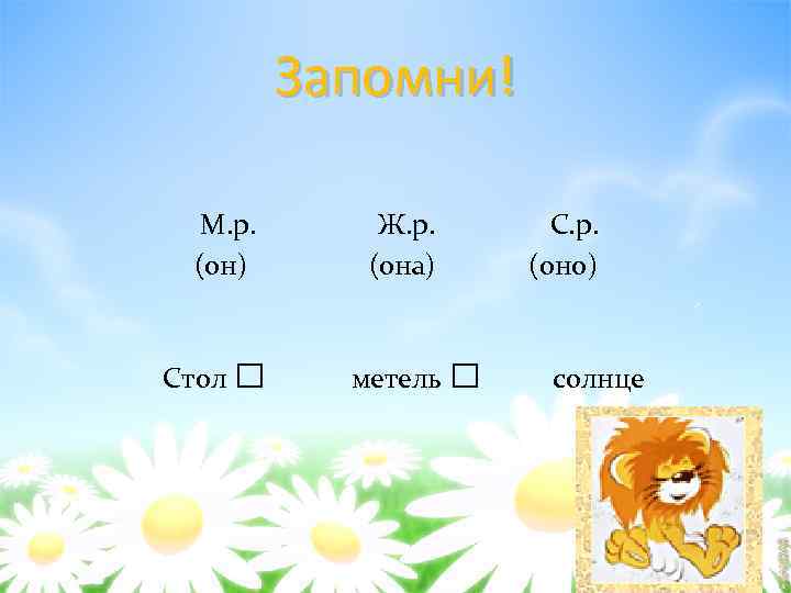 Запомни! М. р. (он) Стол □ Ж. р. (она) метель С. р. (оно) □