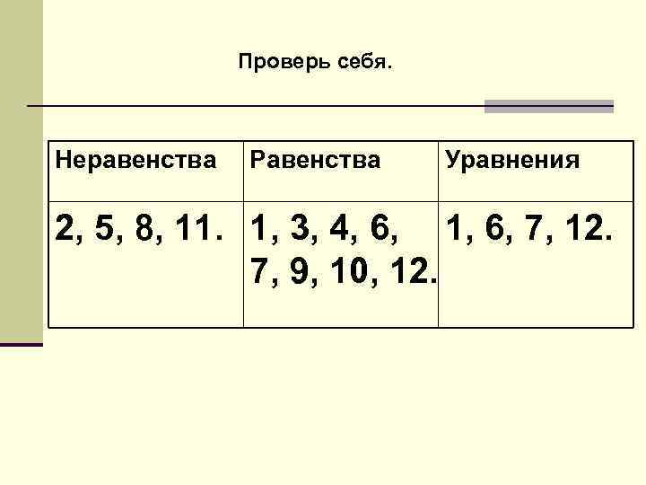 Проверь себя. Неравенства Равенства Уравнения 2, 5, 8, 11. 1, 3, 4, 6, 1,