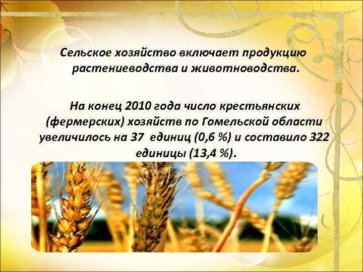 Сельское хозяйство включает продукцию растениеводства и животноводства. На конец 2010 года число крестьянских (фермерских)