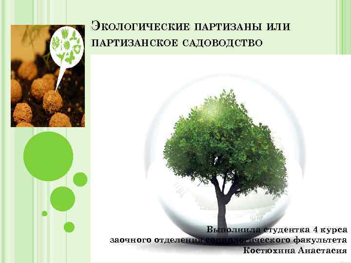 ЭКОЛОГИЧЕСКИЕ ПАРТИЗАНЫ ИЛИ ПАРТИЗАНСКОЕ САДОВОДСТВО Выполнила студентка 4 курса заочного отделения социологического факультета Костюхина