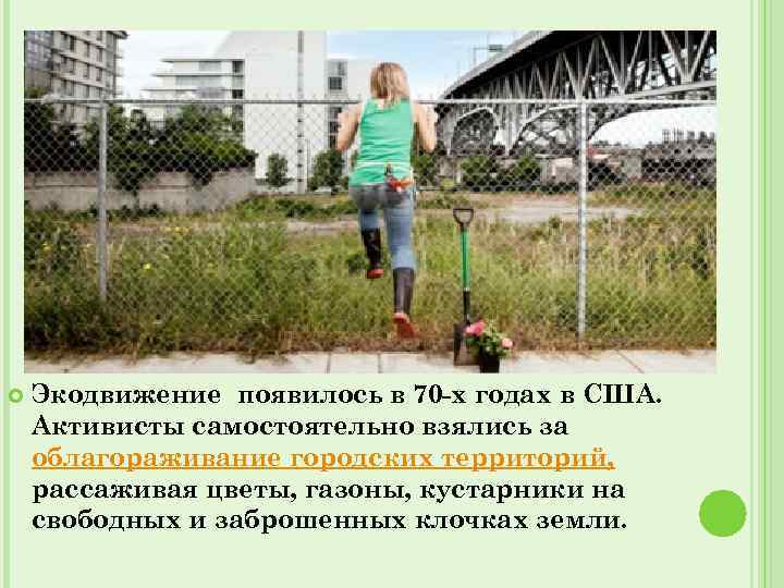  Экодвижение появилось в 70 -х годах в США. Активисты самостоятельно взялись за облагораживание