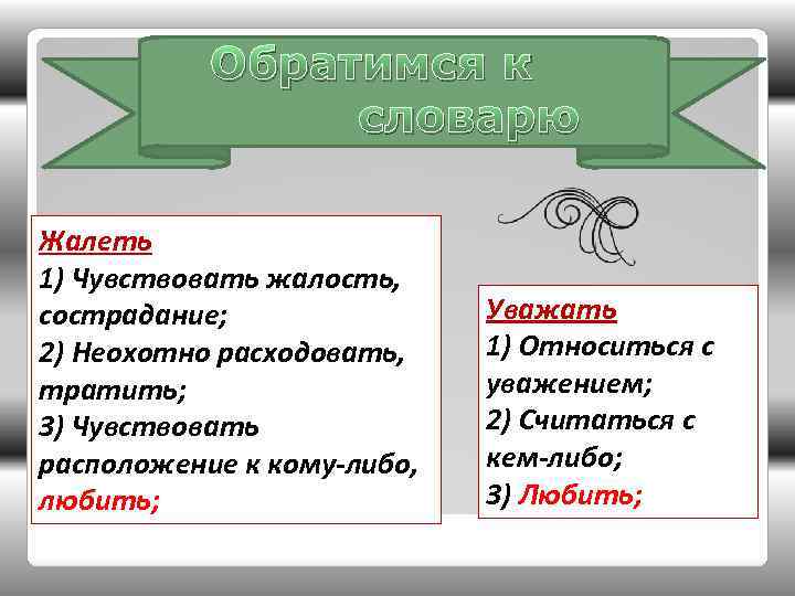 Обратимся к словарю Жалеть 1) Чувствовать жалость, сострадание; 2) Неохотно расходовать, тратить; 3) Чувствовать