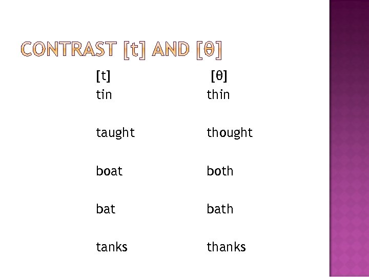 [t] tin [θ] thin taught thought boat both bath tanks thanks 