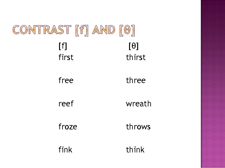 [f] first [θ] thirst free three reef wreath froze throws fink think 