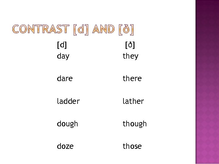 [d] day [ð] they dare there ladder lather dough though doze those 