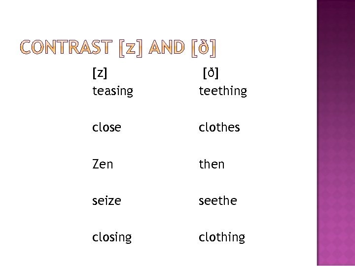 [z] teasing [ð] teething close clothes Zen then seize seethe closing clothing 