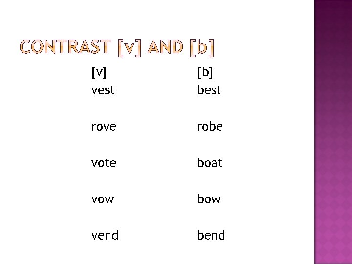 [v] vest [b] best rove robe vote boat vow bow vend bend 