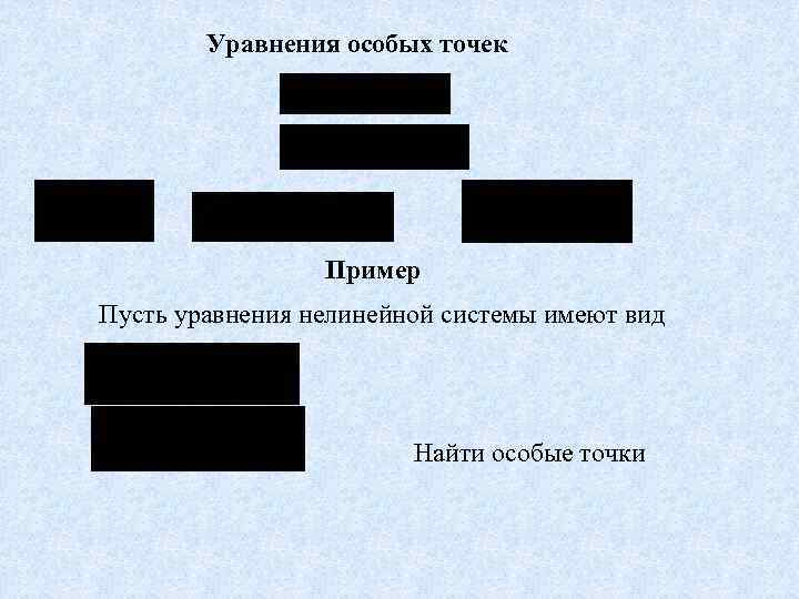 Уравнения особых точек Пример Пусть уравнения нелинейной системы имеют вид Найти особые точки 