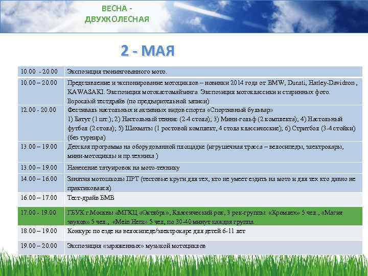 ВЕСНА ДВУХКОЛЕСНАЯ 2 - МАЯ 10. 00 - 20. 00 Экспозиция тюнингованного мото. 10.