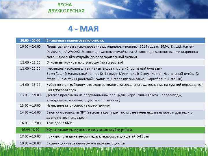 ВЕСНА ДВУХКОЛЕСНАЯ 4 - МАЯ 10. 00 - 20. 00 Экспозиция тюнингованного мото. 10.