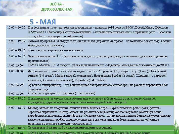 ВЕСНА ДВУХКОЛЕСНАЯ 10. 00 – 20. 00 13. 00 – 19. 00 5 -