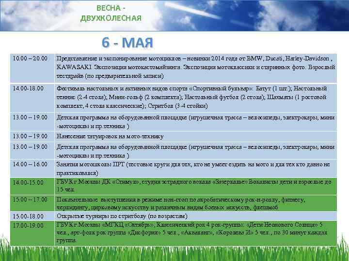 ВЕСНА ДВУХКОЛЕСНАЯ 6 - МАЯ 10. 00 – 20. 00 Представление и экспонирование мотоциклов