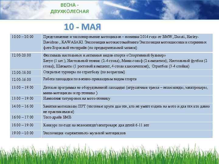 ВЕСНА ДВУХКОЛЕСНАЯ 10 - МАЯ 10. 00 – 20. 00 Представление и экспонирование мотоциклов