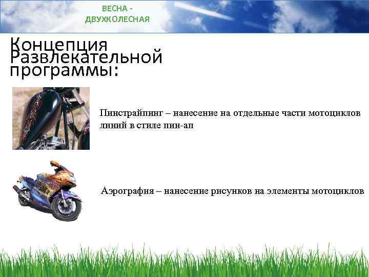 ВЕСНА ДВУХКОЛЕСНАЯ Концепция Развлекательной программы: Пинстрайпинг – нанесение на отдельные части мотоциклов линий в