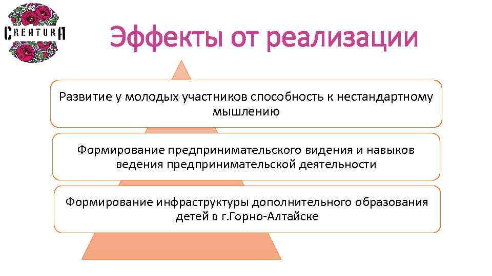 Эффекты от реализации Развитие у молодых участников способность к нестандартному мышлению Формирование предпринимательского видения