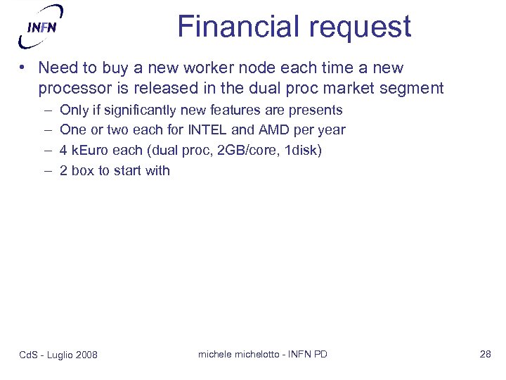 Financial request • Need to buy a new worker node each time a new