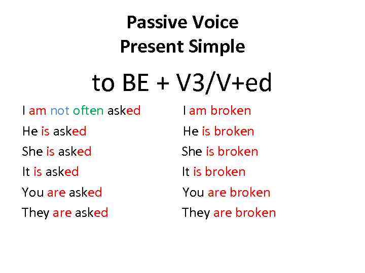 Passive Voice Present Simple to BE + V 3/V+ed I am not often asked