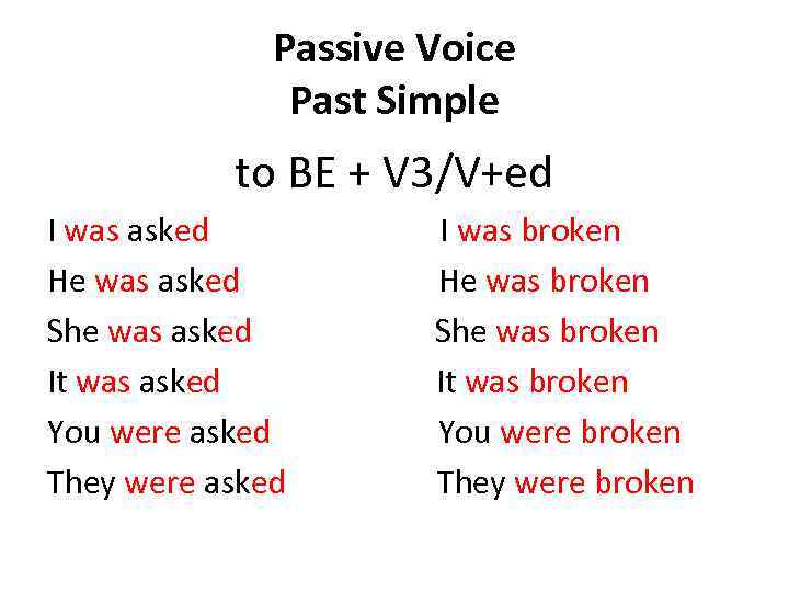 Passive Voice Past Simple to BE + V 3/V+ed I was asked I was