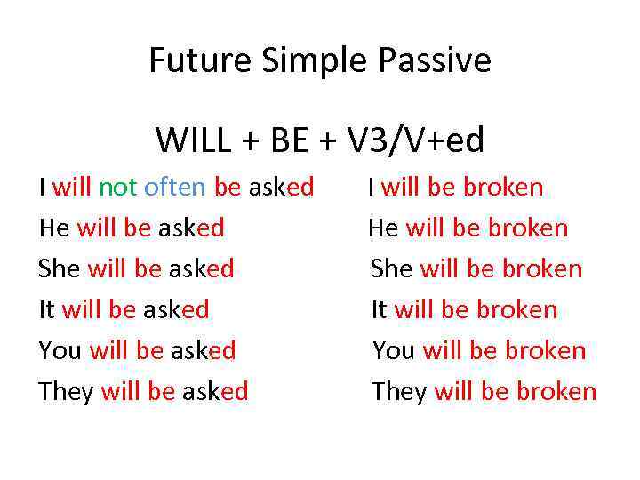 Future Simple Passive WILL + BE + V 3/V+ed I will not often be