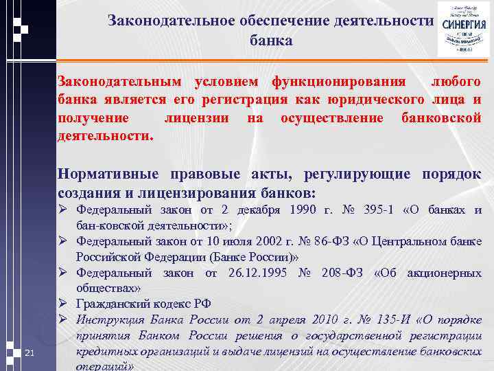 Законодательное обеспечение деятельности банка Законодательным условием функционирования любого банка является его регистрация как юридического