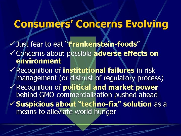 Consumers’ Concerns Evolving ü Just fear to eat “Frankenstein-foods” ü Concerns about possible adverse