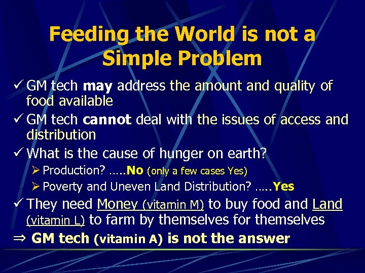 Feeding the World is not a Simple Problem ü GM tech may address the