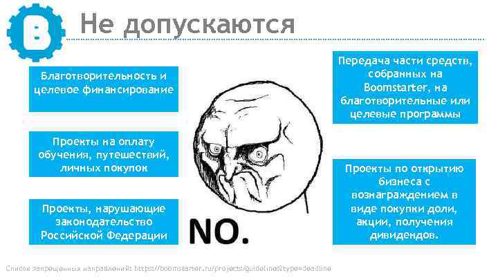 Не допускаются Благотворительность и целевое финансирование Проекты на оплату обучения, путешествий, личных покупок Проекты,