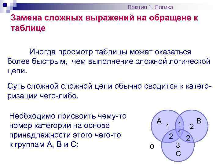 Лекция ? . Логика Замена сложных выражений на обращене к таблице Иногда просмотр таблицы