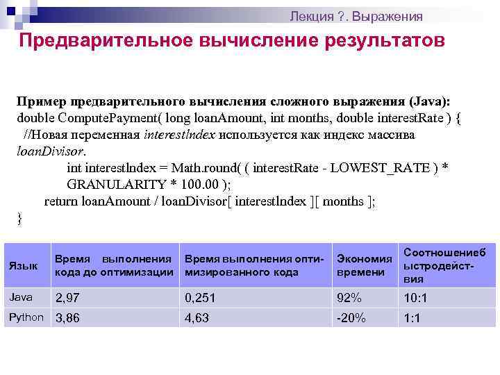 Лекция ? . Выражения Предварительное вычисление результатов Пример предварительного вычисления сложного выражения (Java): double