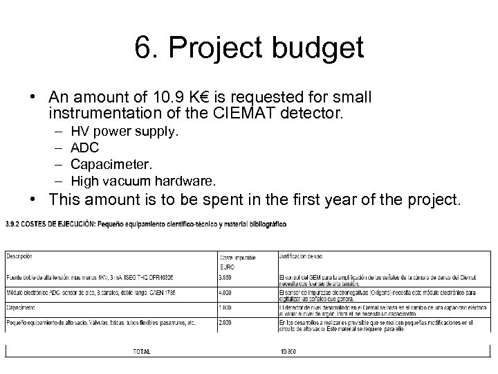 6. Project budget • An amount of 10. 9 K€ is requested for small