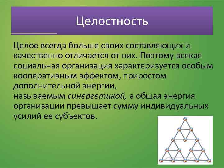 Целостность Целое всегда больше своих составляющих и качественно отличается от них. Поэтому всякая социальная