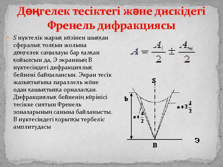 Дөңгелек тесіктегі және дискідегі Френель дифракциясы S нүктелік жарық көзінен шыққан сфералық толқын жолына