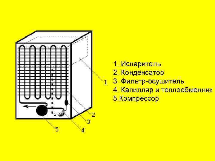 1. Испаритель 2. Конденсатор 3. Фильтр-осушитель 4. Капилляр и теплообменник 5. Компрессор 