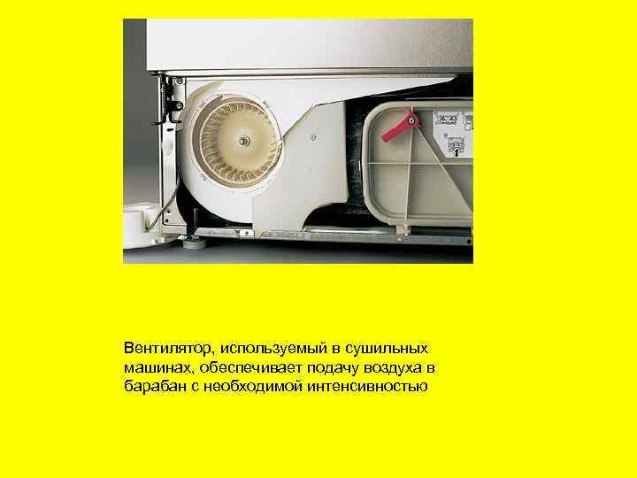 Вентилятор, используемый в сушильных машинах, обеспечивает подачу воздуха в барабан с необходимой интенсивностью 