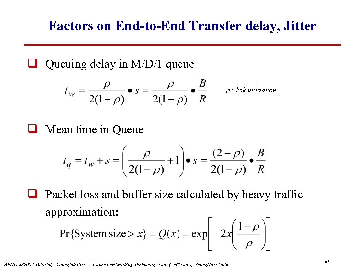 Factors on End-to-End Transfer delay, Jitter Queuing delay in M/D/1 queue : link utilization