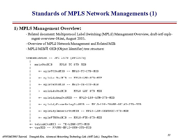 Standards of MPLS Network Managements (1) 1) MPLS Management Overview: - Related document: Multiprotocol