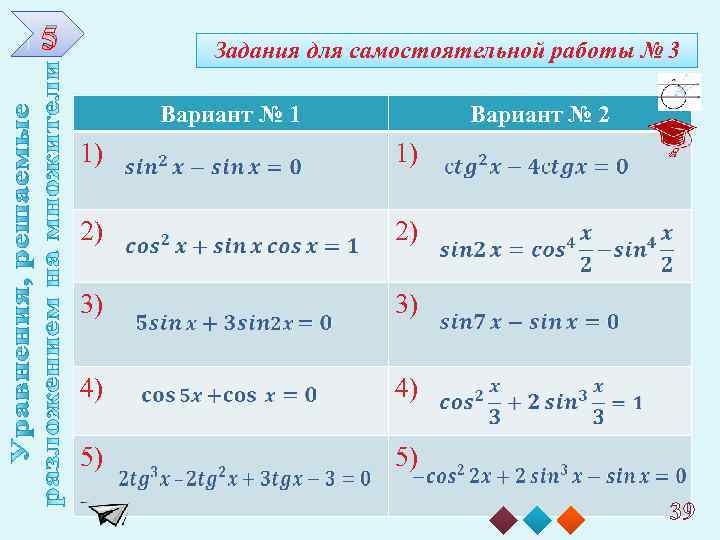 5 Задания для самостоятельной работы № 3 Вариант № 1 Вариант № 2 1)