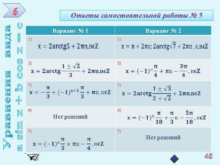 6 Ответы самостоятельной работы № 5 Вариант № 1 Вариант № 2 1) 1)