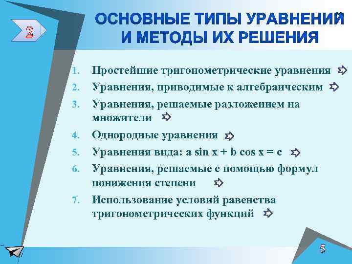 2 1. 2. 3. 4. 5. 6. 7. Простейшие тригонометрические уравнения Уравнения, приводимые к