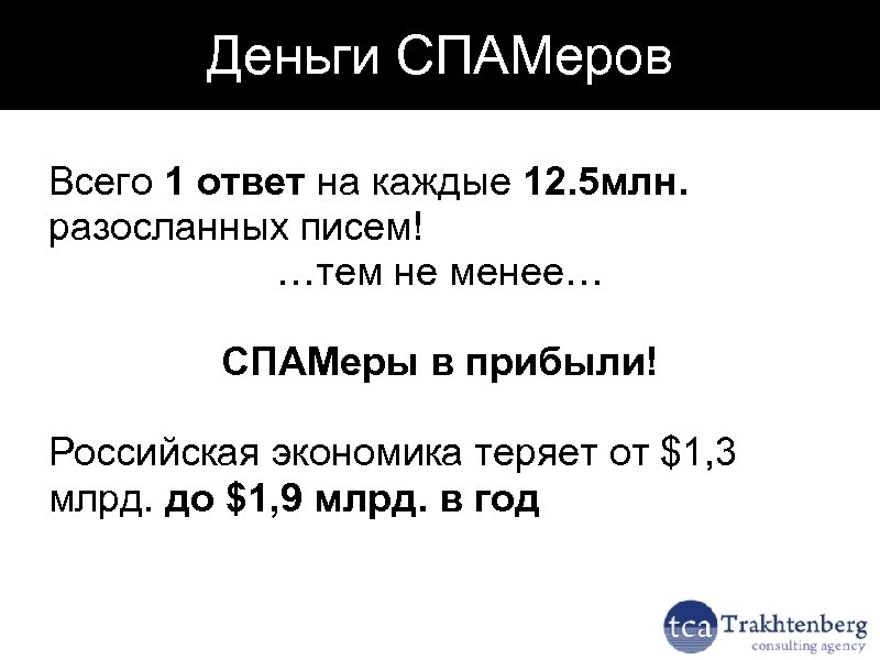 Деньги СПАМеров Всего 1 ответ на каждые 12. 5 млн. разосланных писем! …тем не