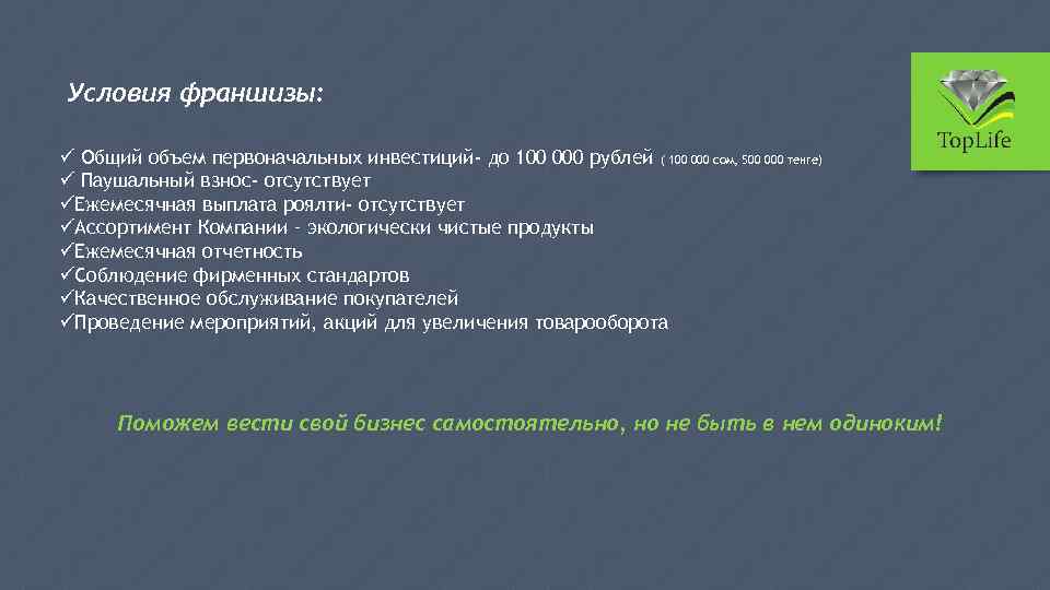 Условия франшизы: ü Общий объем первоначальных инвестиций- до 100 000 рублей ( 100 000