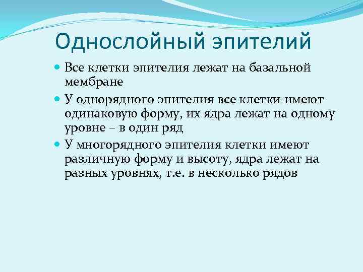 Однослойный эпителий Все клетки эпителия лежат на базальной мембране У однорядного эпителия все клетки
